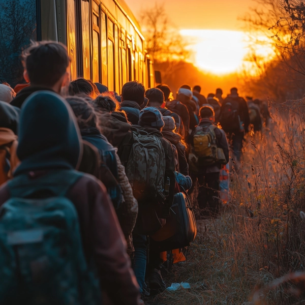 Das Bild zeigt Menschen auf der Flucht in ein sicheres Land